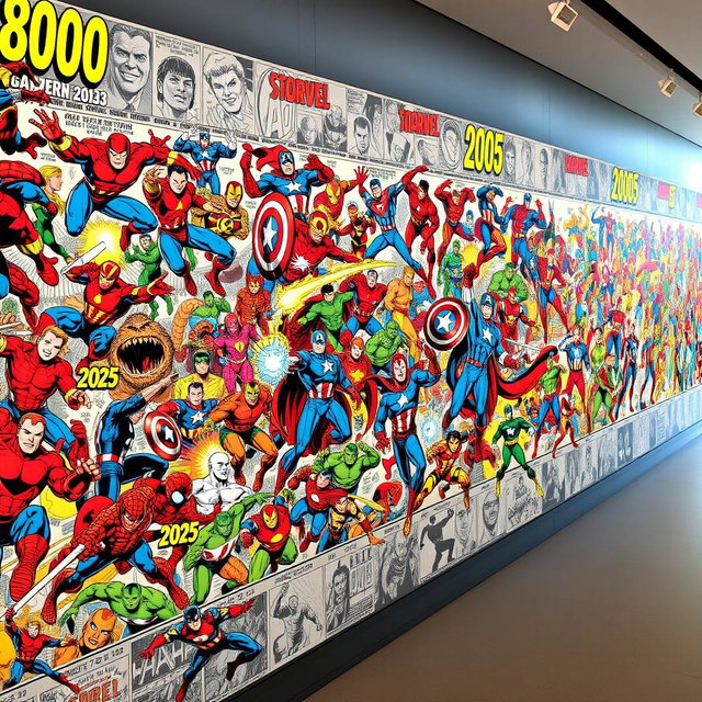 A gigantic and meticulously detailed frieze illustrating all 800 Marvel comic book characters that have appeared from 1936 to 2025, arranged in chronological order of their first appearances
