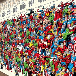 A gigantic and meticulously detailed frieze illustrating all 800 Marvel comic book characters that have appeared from 1936 to 2025, arranged in chronological order of their first appearances