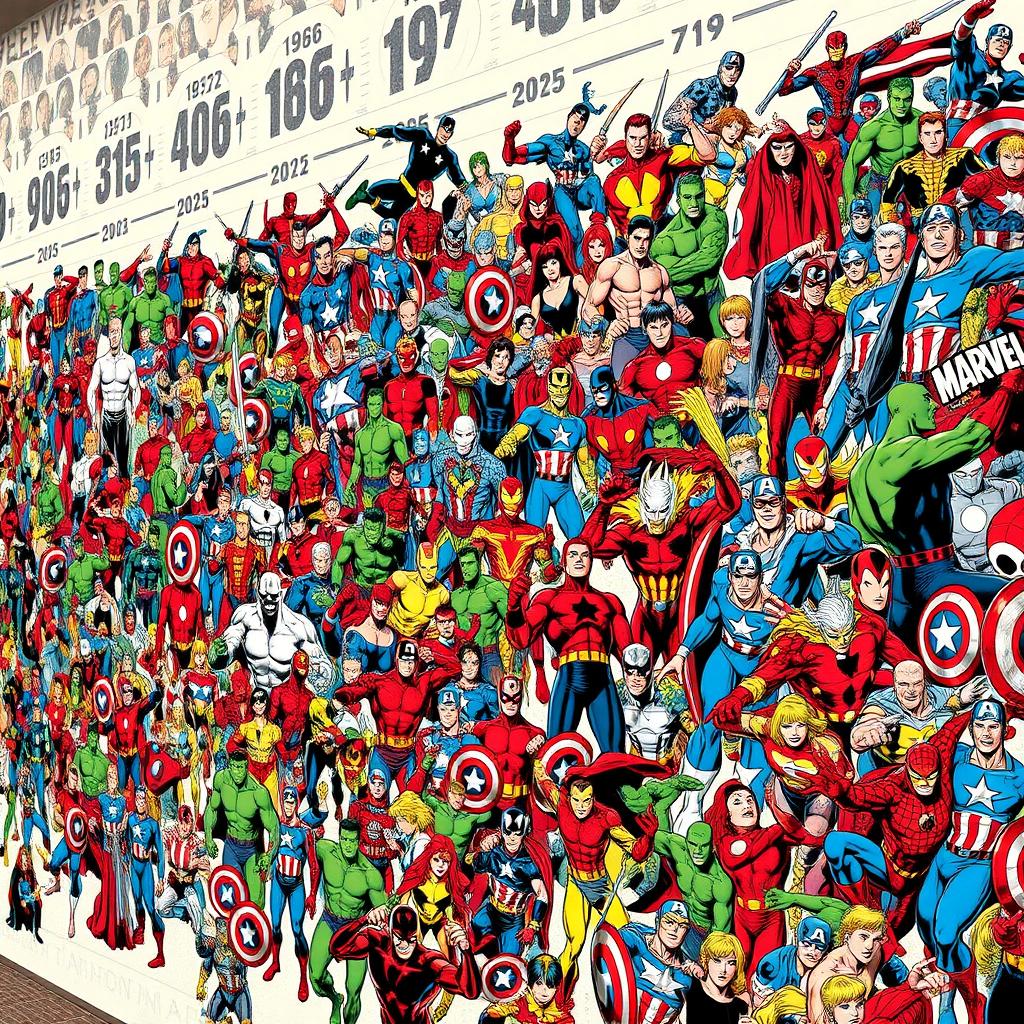 A gigantic and meticulously detailed frieze illustrating all 800 Marvel comic book characters that have appeared from 1936 to 2025, arranged in chronological order of their first appearances
