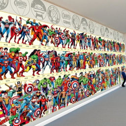 A gigantic and meticulously detailed frieze illustrating all 800 Marvel comic book characters that have appeared from 1936 to 2025, arranged in chronological order of their first appearances