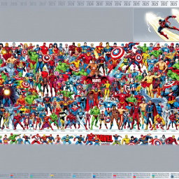A gigantic and meticulously detailed frieze illustrating all 800 Marvel comic book characters that have appeared from 1936 to 2025, arranged in chronological order of their first appearances