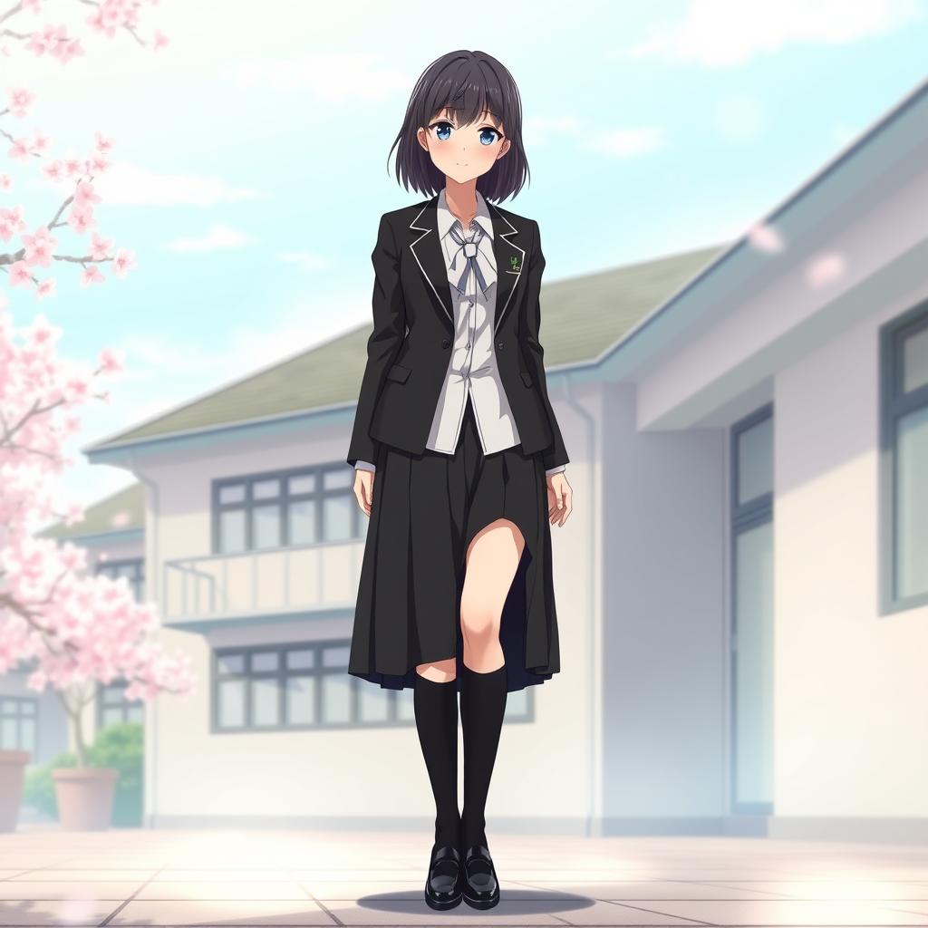 A sophisticated Japanese anime school uniform for women, featuring a deep black color