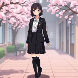 A sophisticated Japanese anime school uniform for women, featuring a deep black color