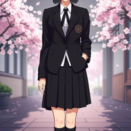 A sophisticated Japanese anime school uniform for women, featuring a deep black color