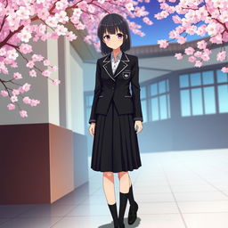A sophisticated Japanese anime school uniform for women, featuring a deep black color