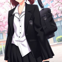 A chic Japanese anime school uniform for women, featuring a sleek black color