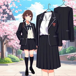 A chic Japanese anime school uniform for women, featuring a sleek black color