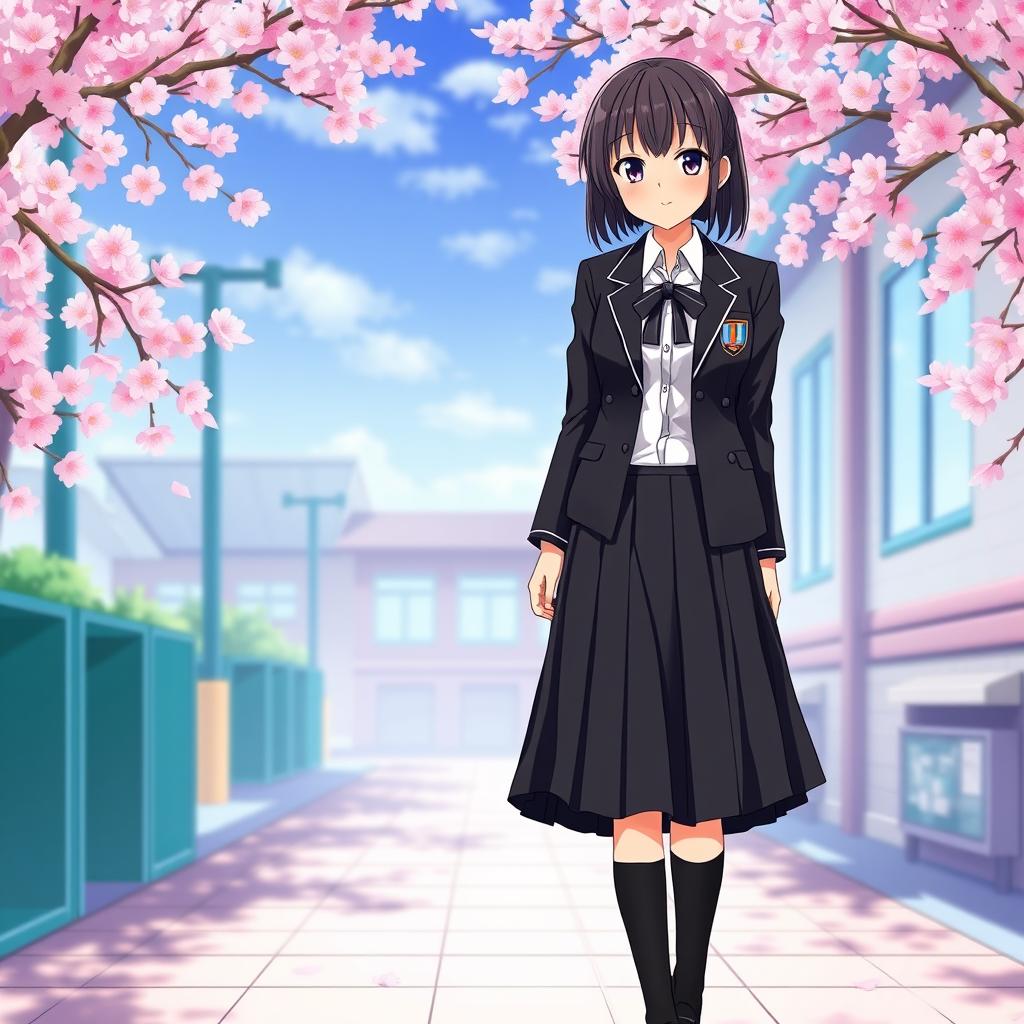 A stylish Japanese anime school uniform for women, featuring a classic black color