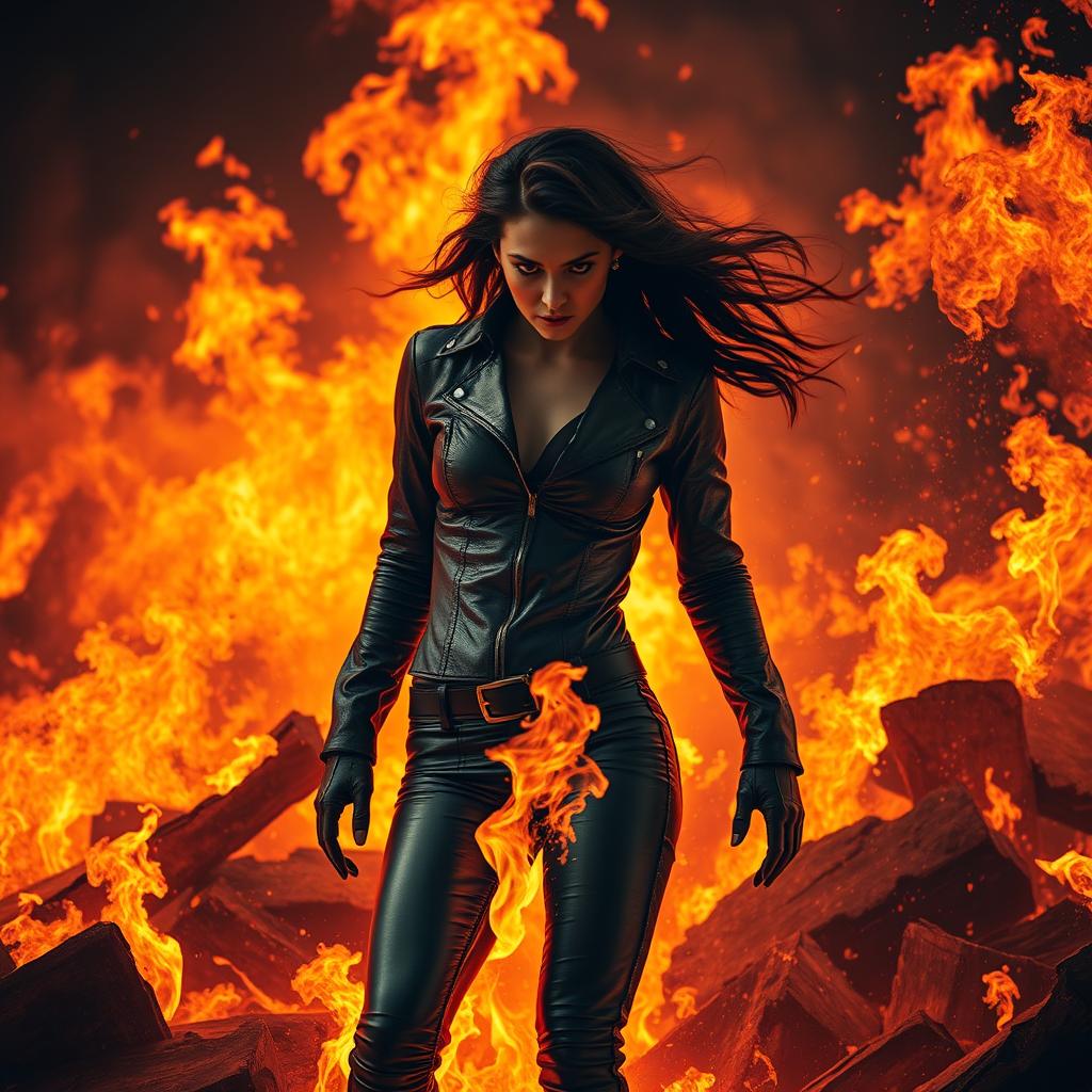 A scene depicting a dense and intense fire consuming everything in its path, with a striking image of a woman engulfed in flames, wearing tight leather clothing