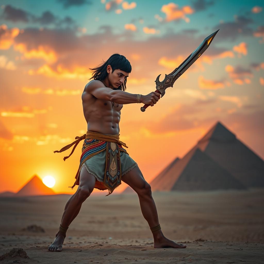 A young Egyptian man with prominent muscular legs and defined calves, standing in an intense fighting stance