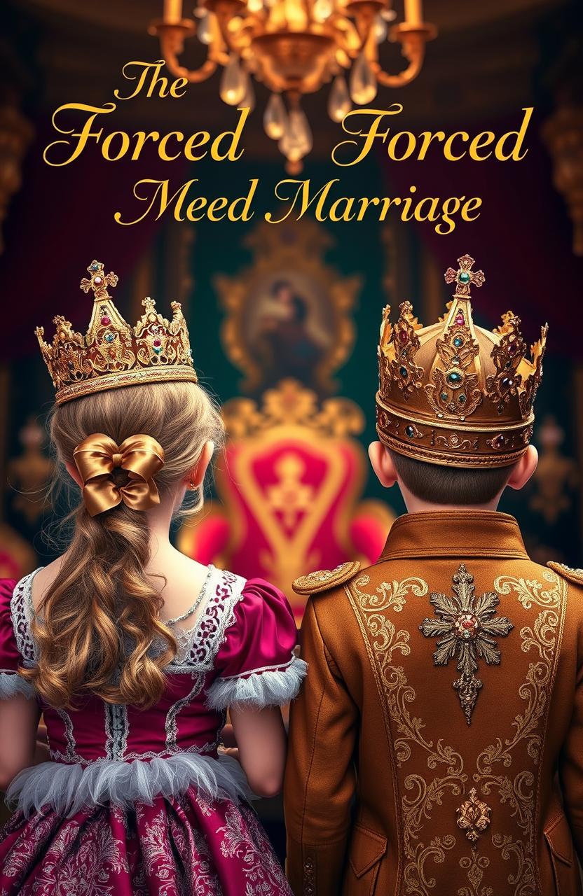 A captivating scene featuring a young girl and boy from the back, both adorned with ornate crowns and dressed in extravagant royal outfits