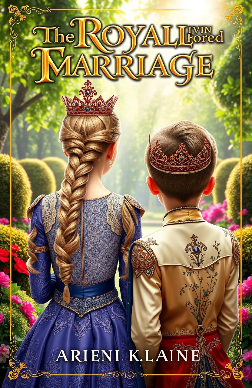 A fantasy book cover featuring the backs of a 13-year-old girl and boy, both adorned with elegant crowns and wearing luxurious, intricate outfits