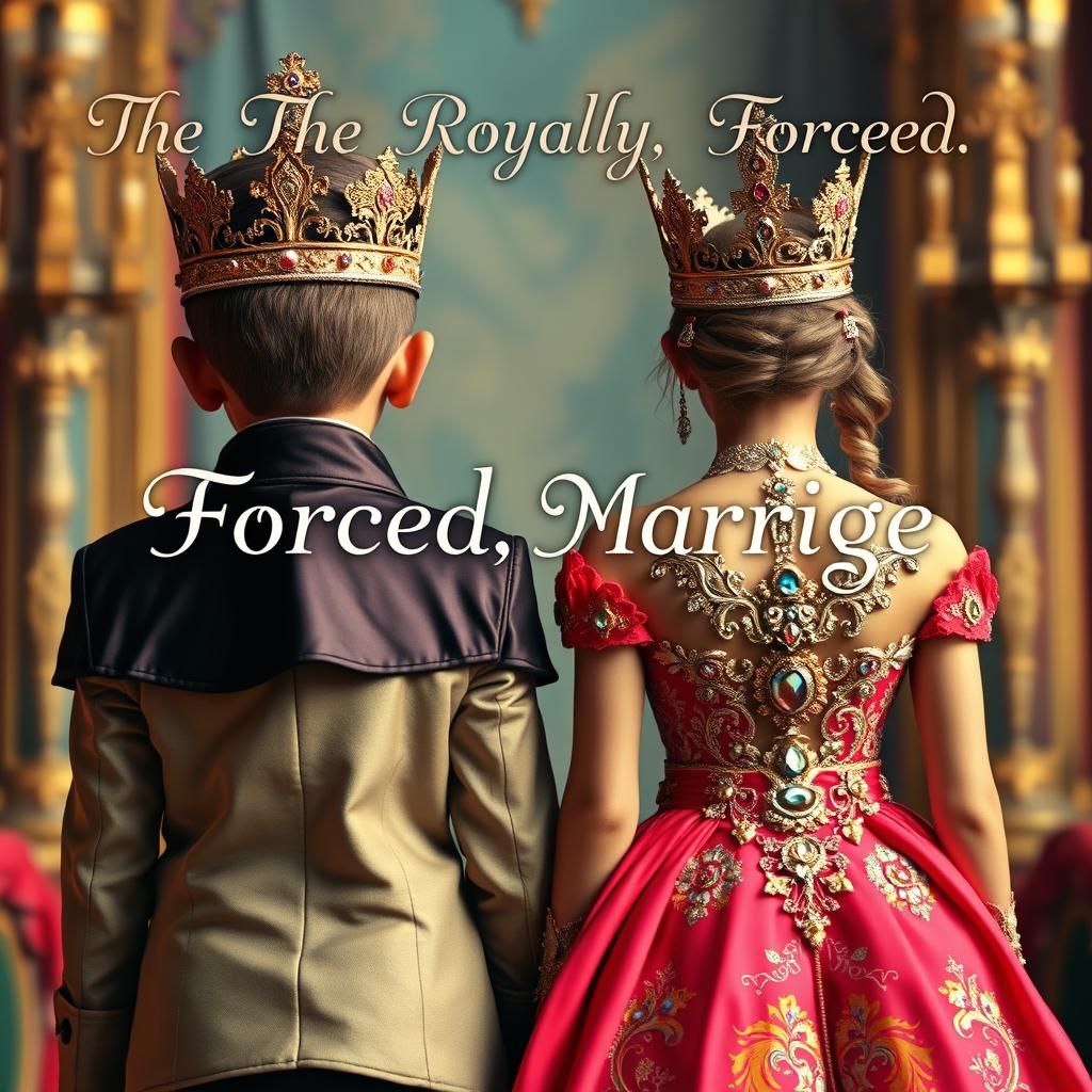 A scene featuring a back view of a taller boy and a girl standing side by side, both adorned with stylish crowns and dressed in extravagant, fancy outfits