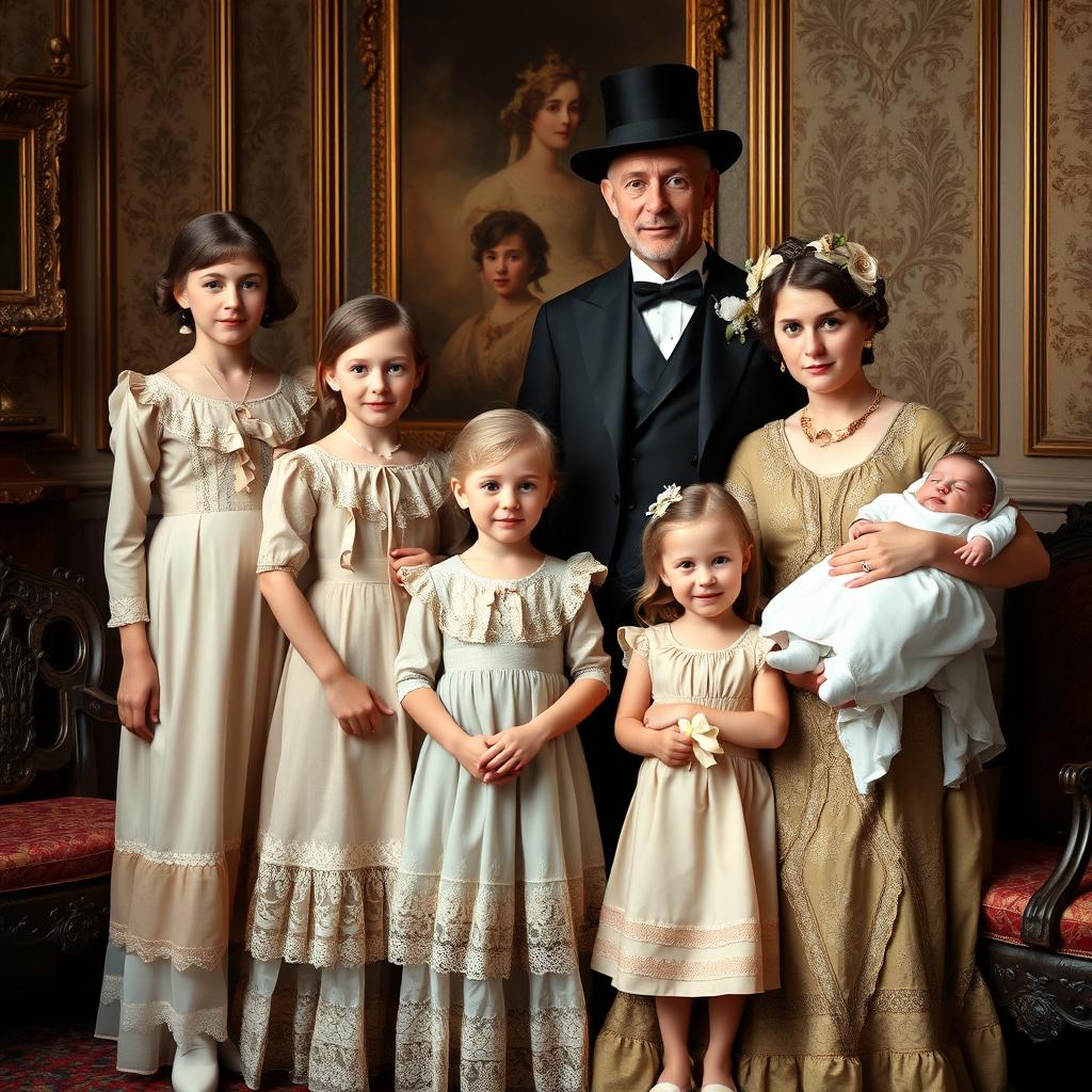A detailed Victorian portrait of a wealthy family, consisting of a father, mother, and their four female children