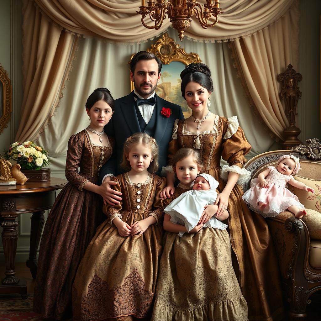A detailed Victorian portrait of a wealthy family, featuring a father, a mother, and their four female children