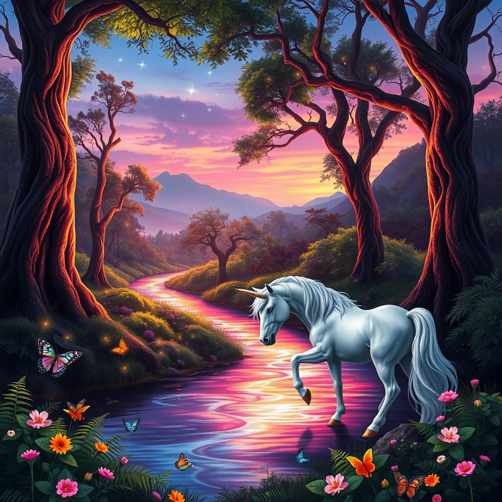 An enchanted forest scene during twilight, featuring a shimmering, magical stream reflecting the colors of the sunset - pinks, oranges, and purples