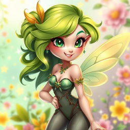 A sexy girl sprite named Kwif, featuring vibrant green hair styled in playful, whimsical waves