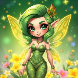 A sexy girl sprite named Kwif, featuring vibrant green hair styled in playful, whimsical waves