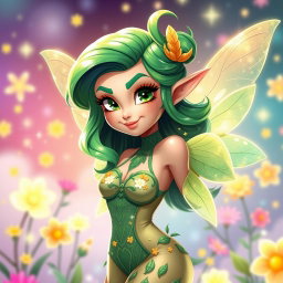 A sexy girl sprite named Kwif, featuring vibrant green hair styled in playful, whimsical waves