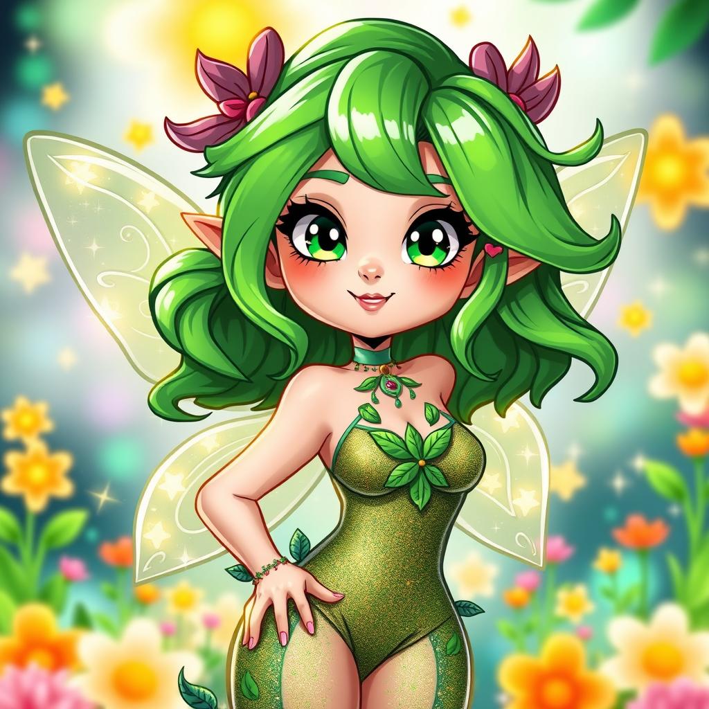 A sexy girl sprite named Kwif, featuring vibrant green hair styled in playful, whimsical waves