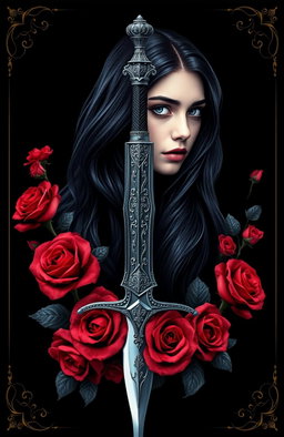 A striking black book cover design featuring a magnificent sword embellished with intricate details, surrounded by vibrant red roses blooming around the base of the sword