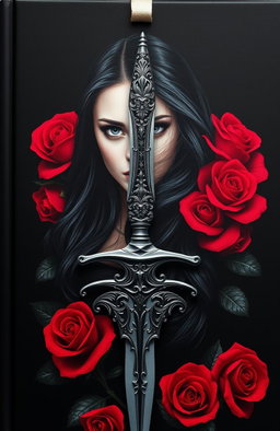 A striking black book cover design featuring a magnificent sword embellished with intricate details, surrounded by vibrant red roses blooming around the base of the sword