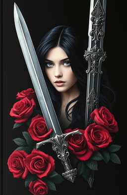 A striking black book cover design featuring a magnificent sword embellished with intricate details, surrounded by vibrant red roses blooming around the base of the sword