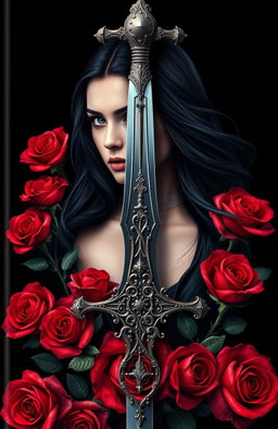 A striking black book cover design featuring a magnificent sword embellished with intricate details, surrounded by vibrant red roses blooming around the base of the sword