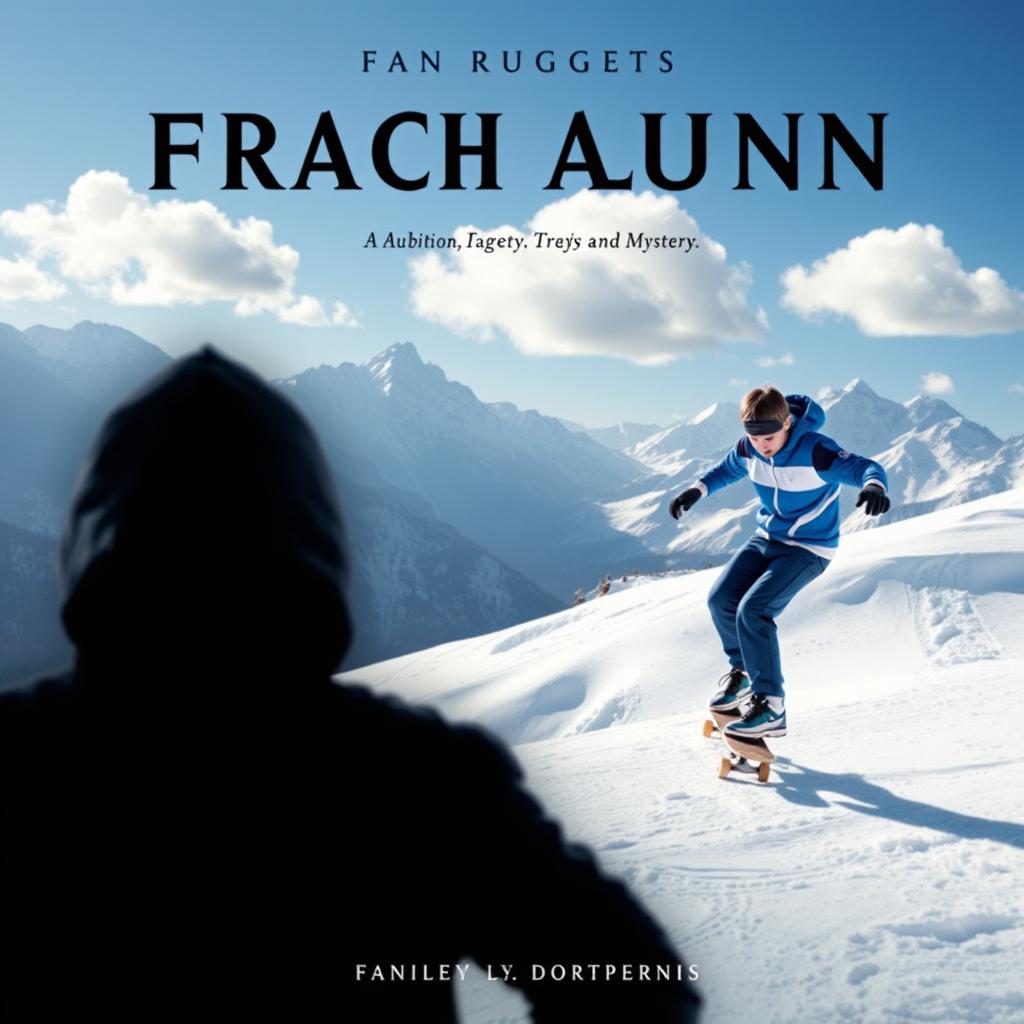 A realistic book cover featuring a dramatic scene set in the French Alps, showcasing a young male skater in a vivid blue and white practice outfit, performing a trick on his skateboard on a snow-covered slope
