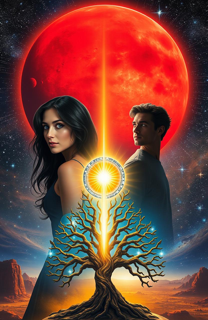 A stunning cosmic scene featuring a large red planet symbolizing Sonkaris in the background