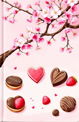 A charming illustrated book cover featuring delightful pastry details including chocolate cookies, hearts, and strawberries