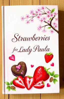 A charming illustrated book cover featuring delightful pastry details, with chocolate cookies, hearts, and strawberries