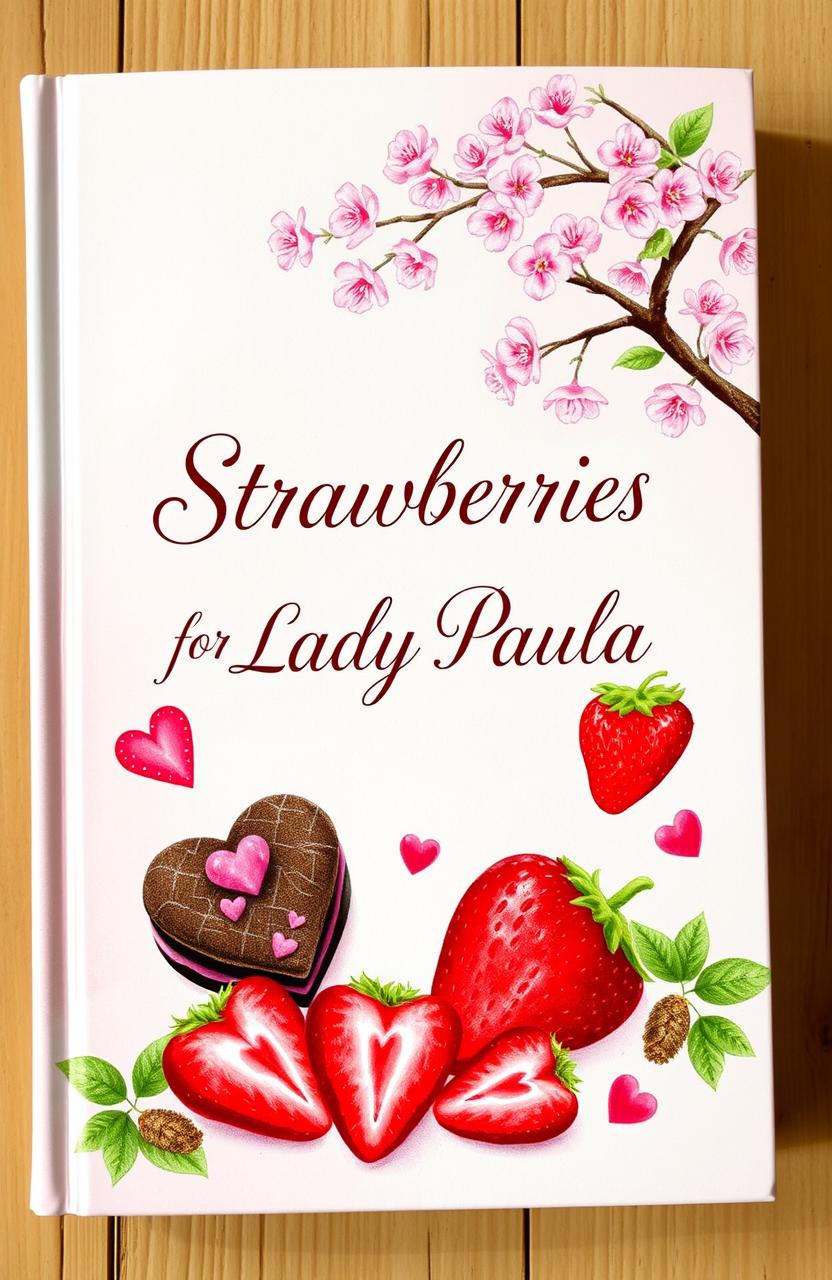 A charming illustrated book cover featuring delightful pastry details, with chocolate cookies, hearts, and strawberries