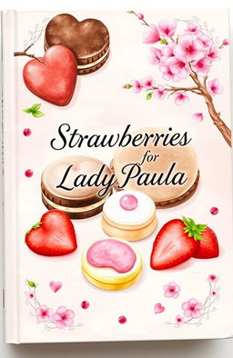 A charming illustrated book cover featuring delightful pastry details, with chocolate cookies, hearts, and strawberries