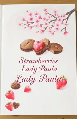 A charming illustrated book cover featuring delightful pastry details, with chocolate cookies, hearts, and strawberries