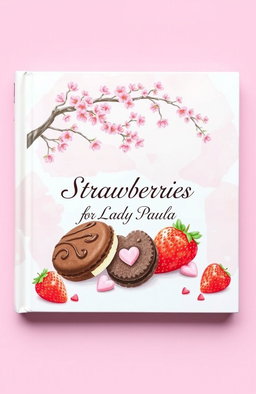 A charming illustrated book cover featuring delightful pastry details, with chocolate cookies, hearts, and strawberries