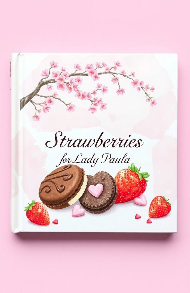 A charming illustrated book cover featuring delightful pastry details, with chocolate cookies, hearts, and strawberries
