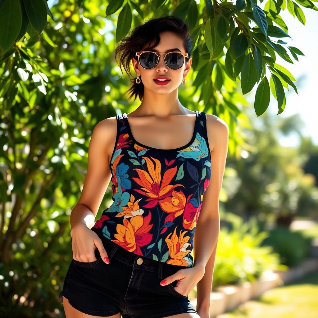 A stylish model wearing a trendy tank top, showcasing a vibrant print and a modern design, set against a bright summer backdrop with lush greenery