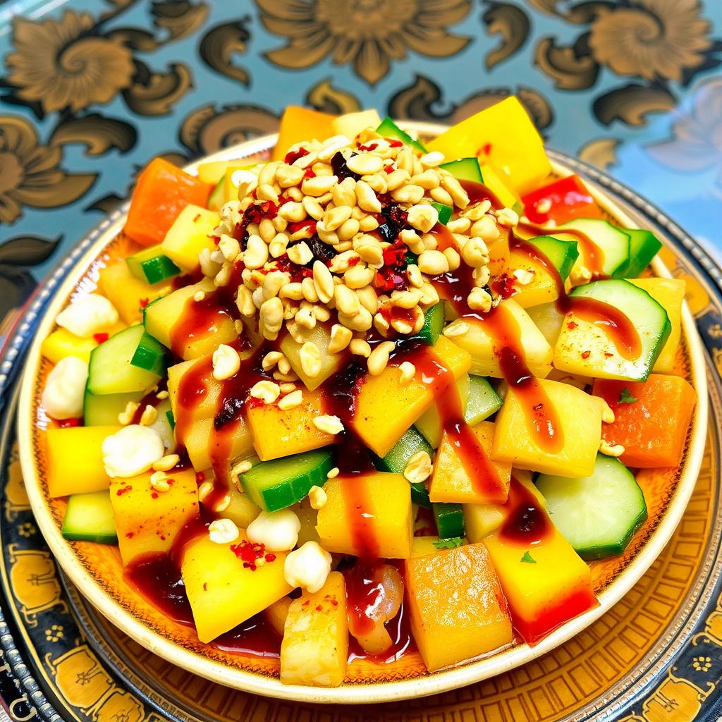 A vibrant and colorful Balinese rujak salad featuring a delicious sauce made from pindang