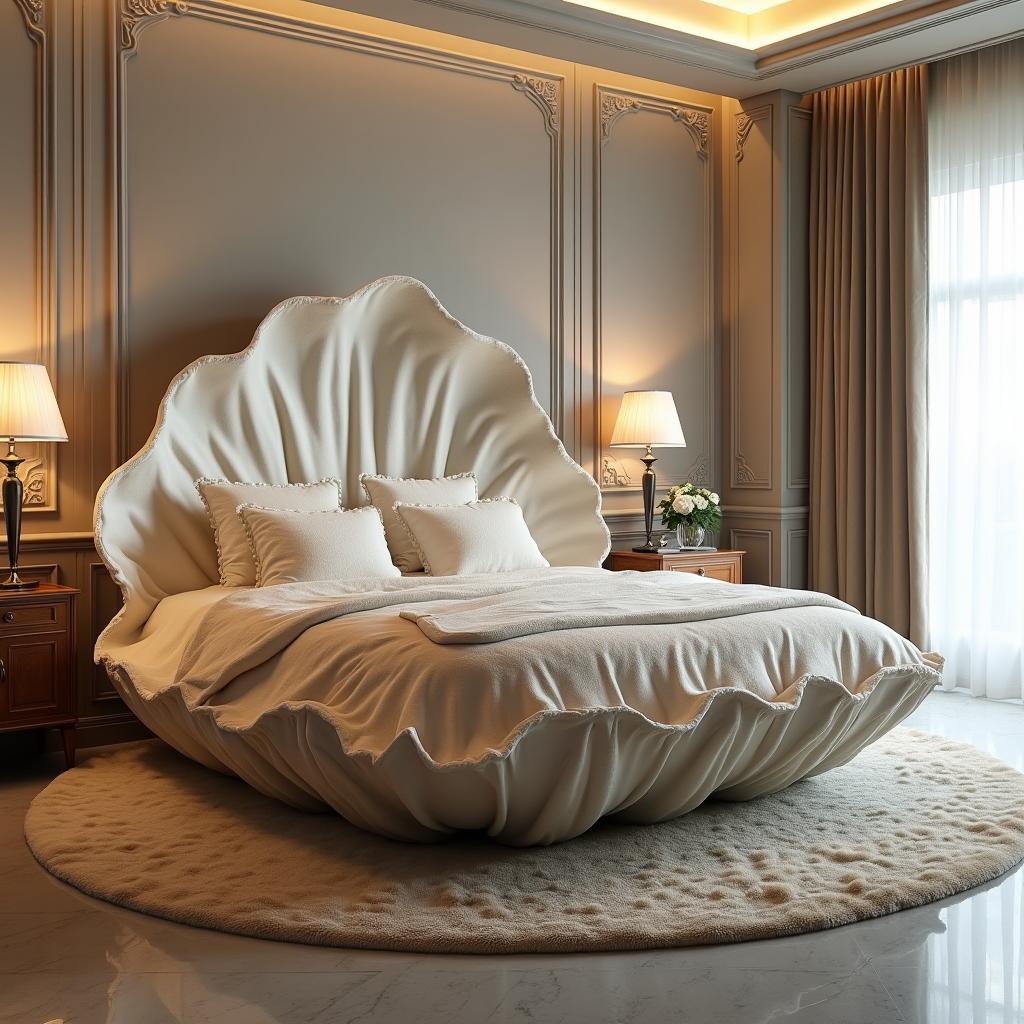 A king-sized bed designed to resemble a genetically modified live oyster, with the large, curvaceous shell forming the headboard and sides