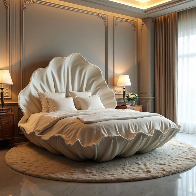 A king-sized bed designed to resemble a genetically modified live oyster, with the large, curvaceous shell forming the headboard and sides