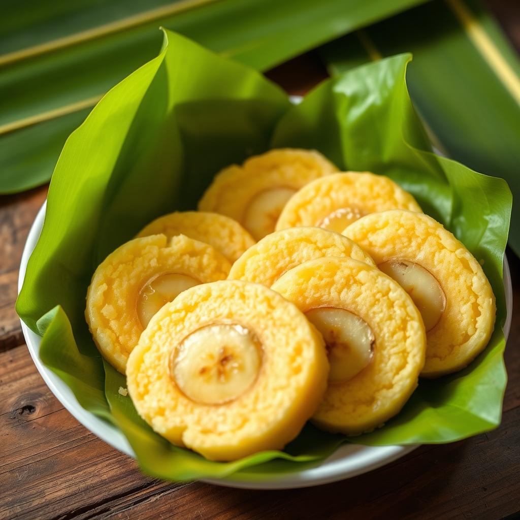 A beautifully arranged traditional Javanese snack called nagasari, featuring steamed banana cake made with rice flour and coconut milk