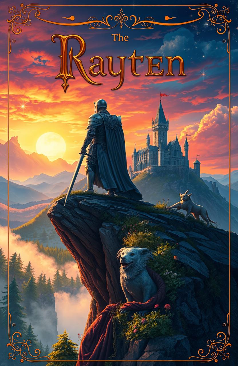 A stunning medieval fantasy cover illustration, featuring a brave knight in shining armor, standing heroically on a rocky cliff