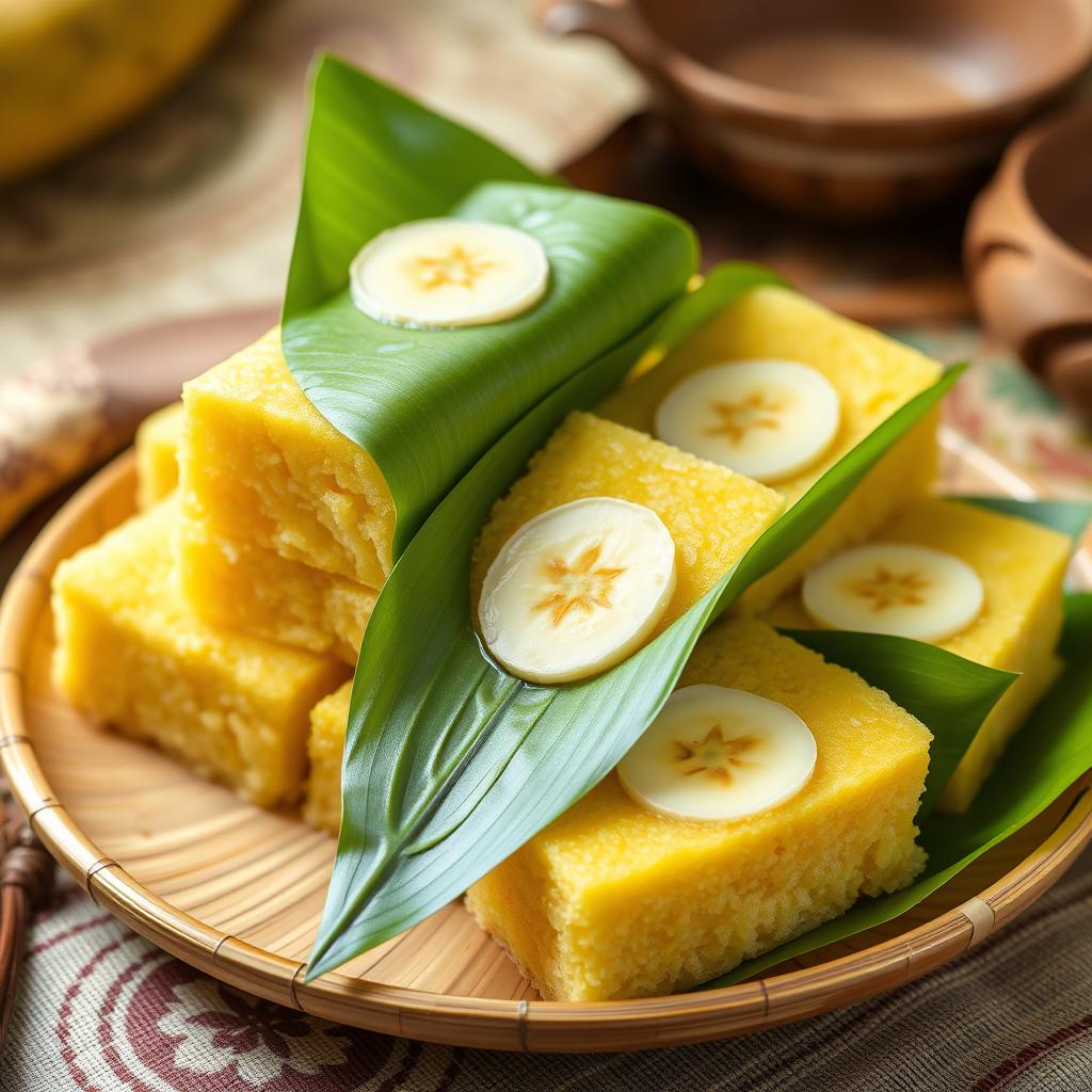 A beautifully presented traditional Javanese treat known as nagasari, showcasing steamed banana cake made with rice flour and coconut milk