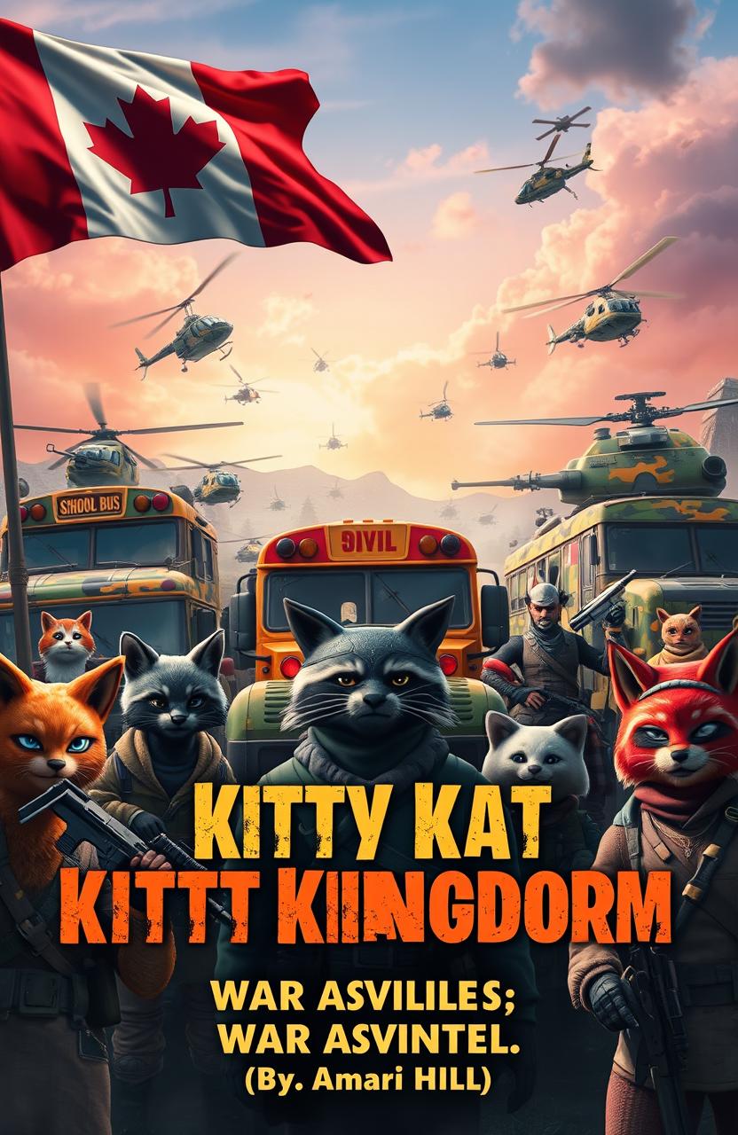 A vibrant and imaginative scene depicting the fictional "Kitty Kat Kingdom," an African and Canadian-inspired realm