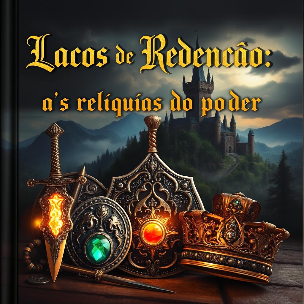 A stunning medieval fantasy book cover featuring intricate relics, including a glowing ancient sword, an ornate shield, a mystical amulet, and a majestic crown, all artistically arranged in the foreground