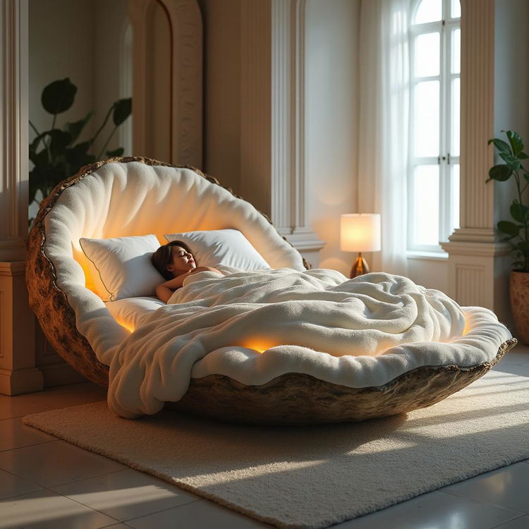 A surreal and imaginative scene featuring a king-sized bed that is designed to resemble a genetically modified live oyster