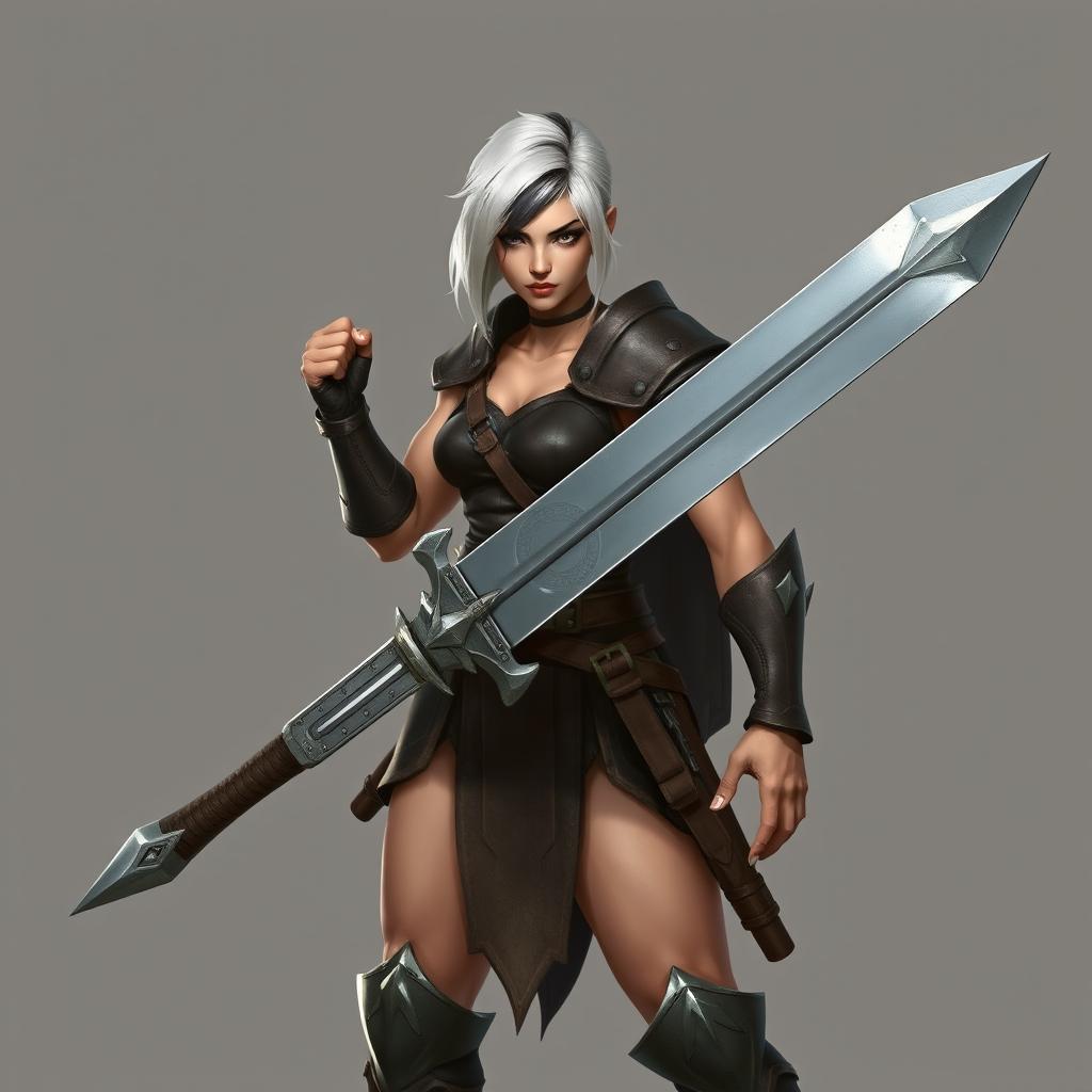 A fierce human female warrior standing confidently, wielding a large greatsword