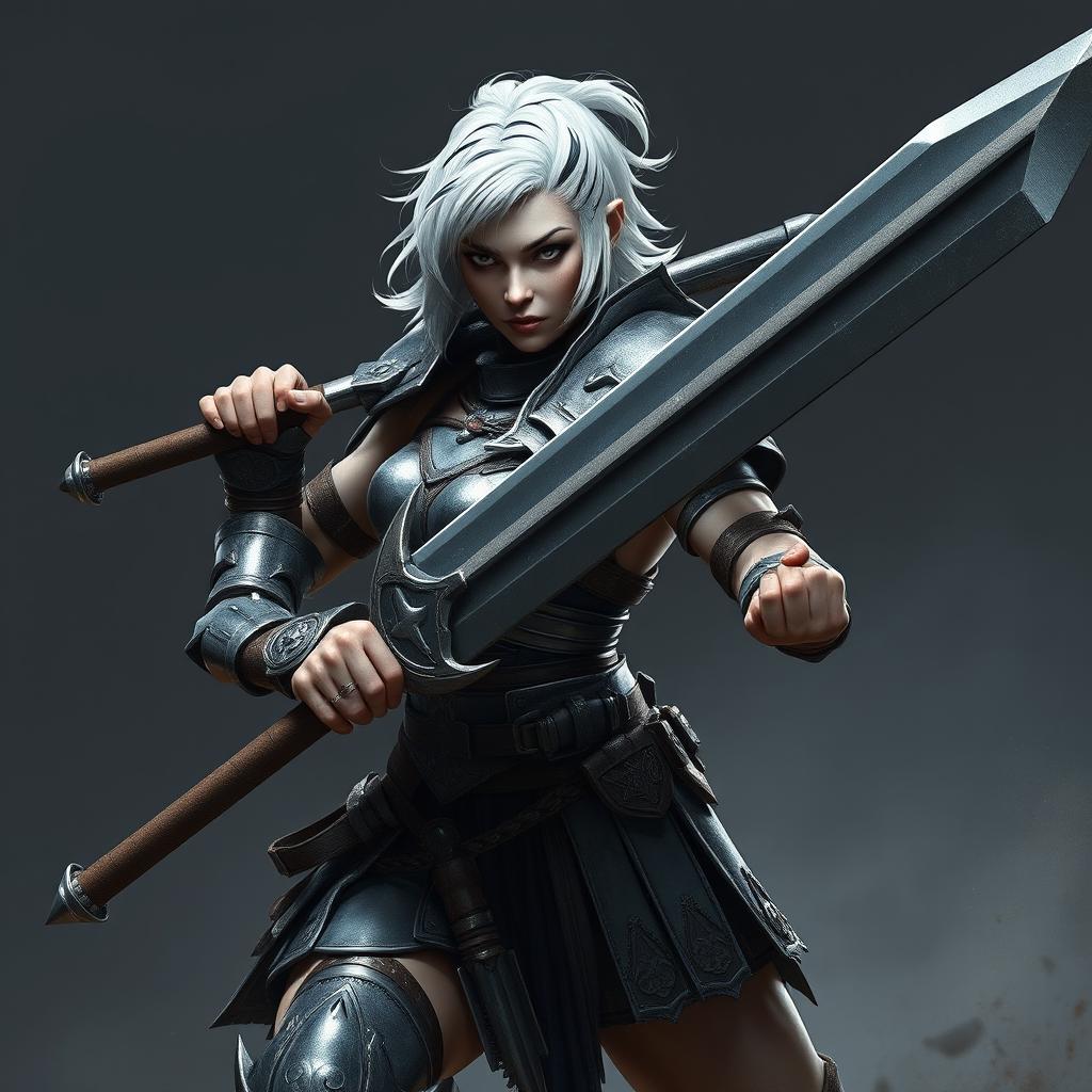 A powerful human female warrior wielding a massive greatsword, with short hair that is white adorned with striking black stripes