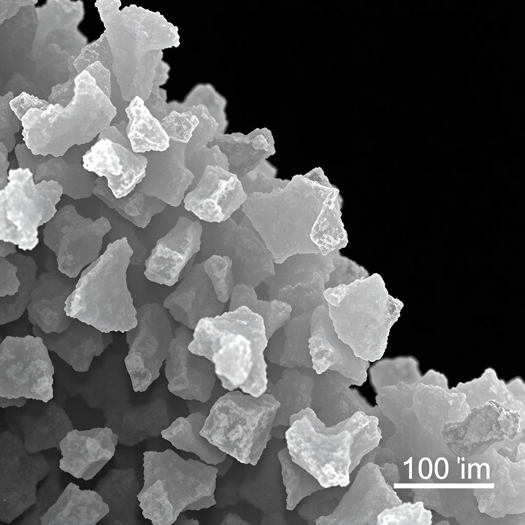 A detailed scanning electron microscope (SEM) image showcasing microplastic particles ranging from 50 to 200 µm in size, generated from friction between LEGO bricks